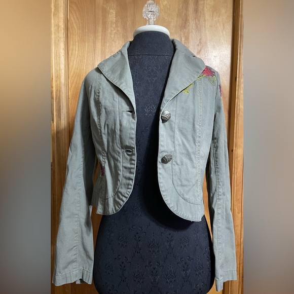 Military green denim jacket MEDIUM cropped embroidered floral vintage vntg Y2K - Picture 4 of 15